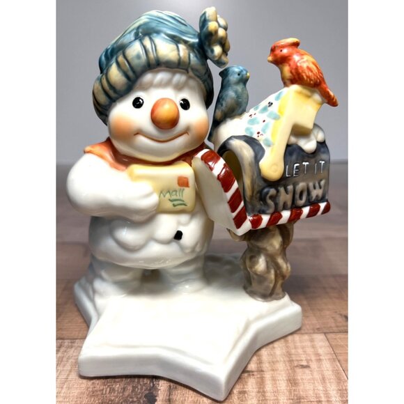Vintage Ceramic Snowman Figurine With Winter Mailbox Scene - Picture 1 of 4